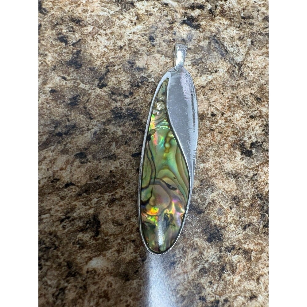 Abalone Shell Pendant Necklace Charm 2” Iridescent Paua Silver Tone